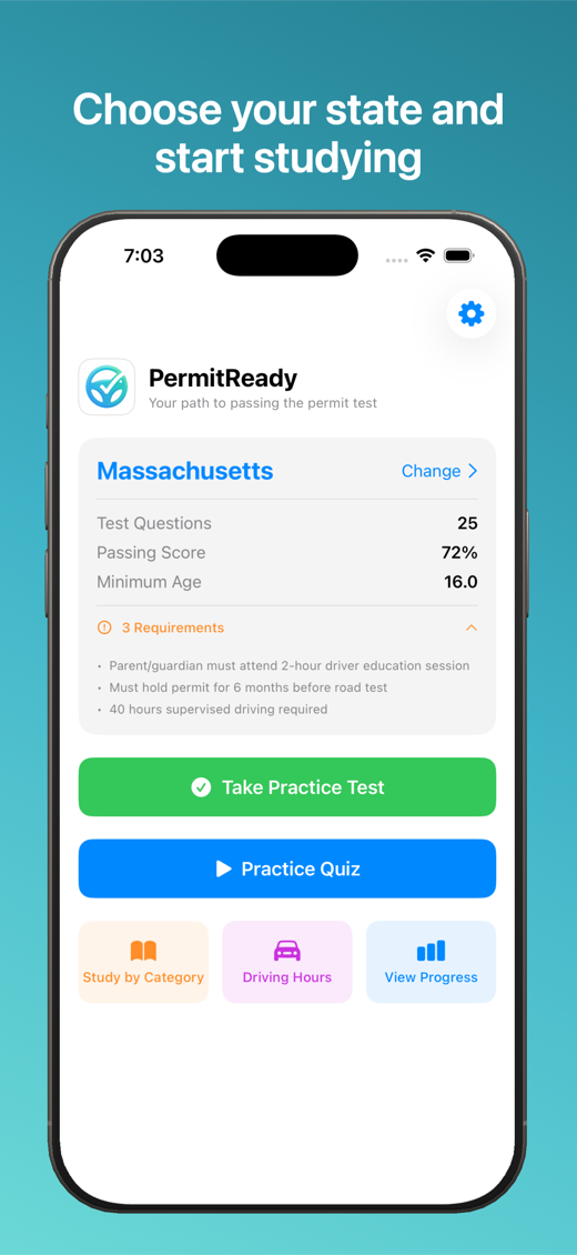 PermitReady home screen showing Massachusetts test requirements and study options