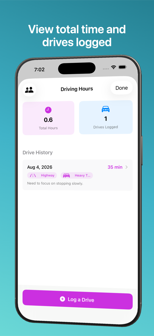 PermitReady driving hours log showing total supervised hours and drive history