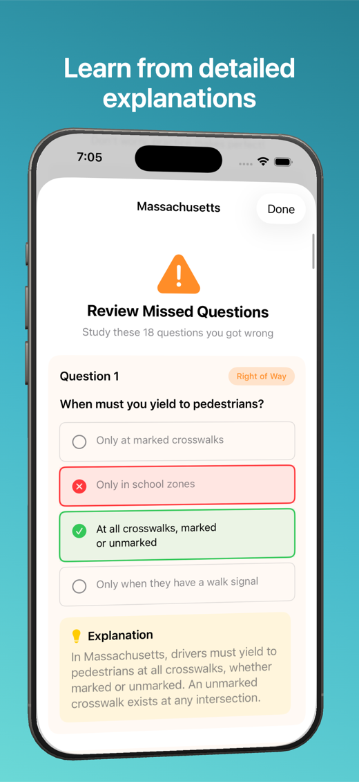 Review missed questions screen with detailed answer explanations