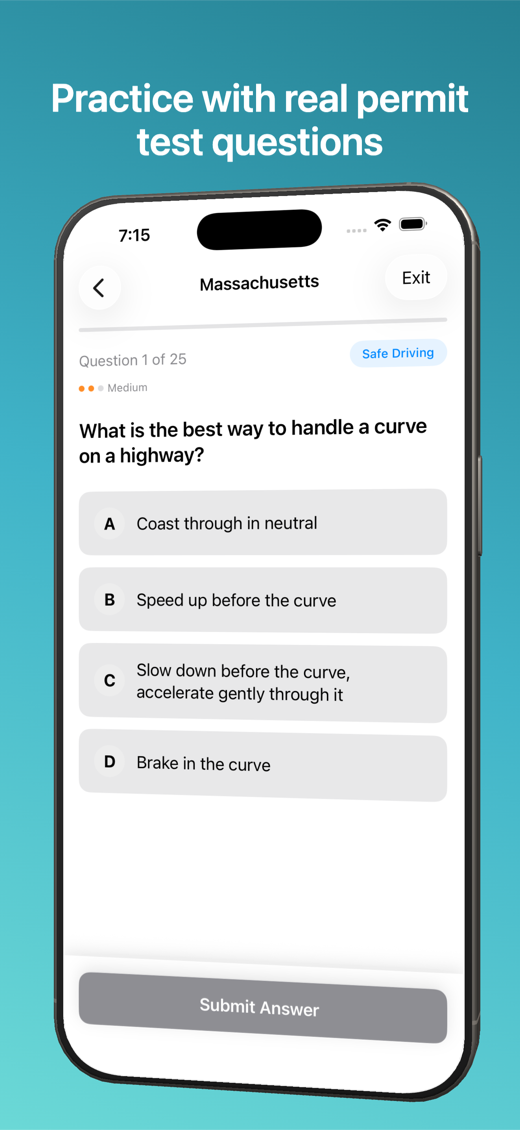 Practice quiz with a multiple choice permit test question