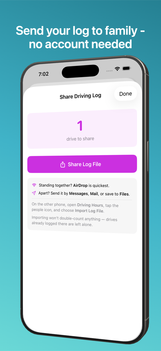 Share screen sending a driving log to a parent over AirDrop, Messages, or Mail with no account needed