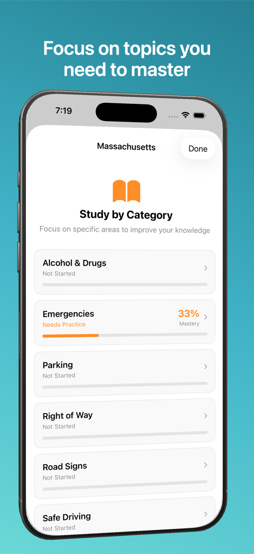 Study by category screen listing road signs, parking, right of way, and other topics