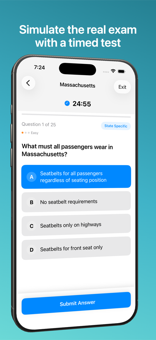 Timed practice test simulating the real permit exam with a countdown timer