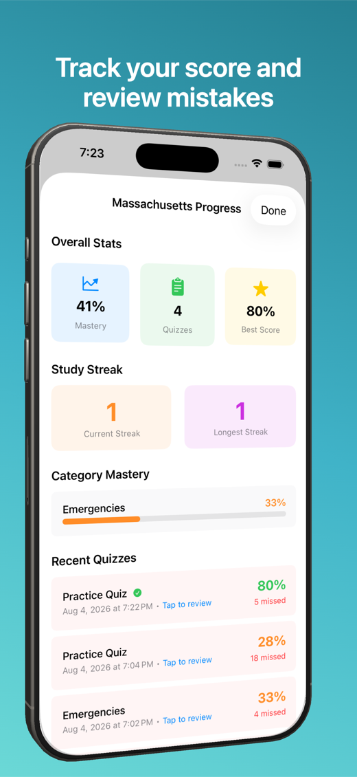 Progress dashboard showing mastery percentage, study streaks, and recent quiz scores