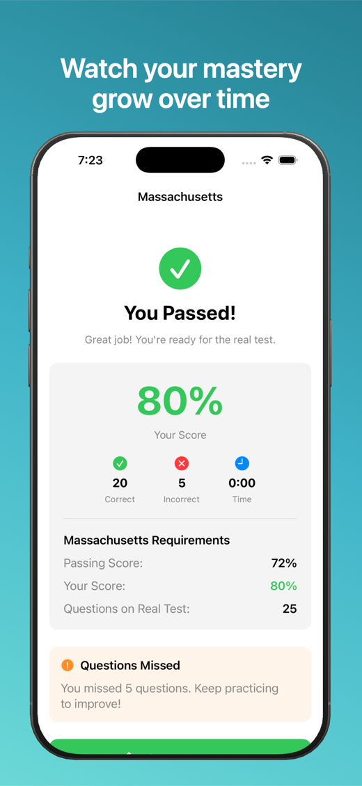 Passing results screen with score breakdown against the state passing requirement